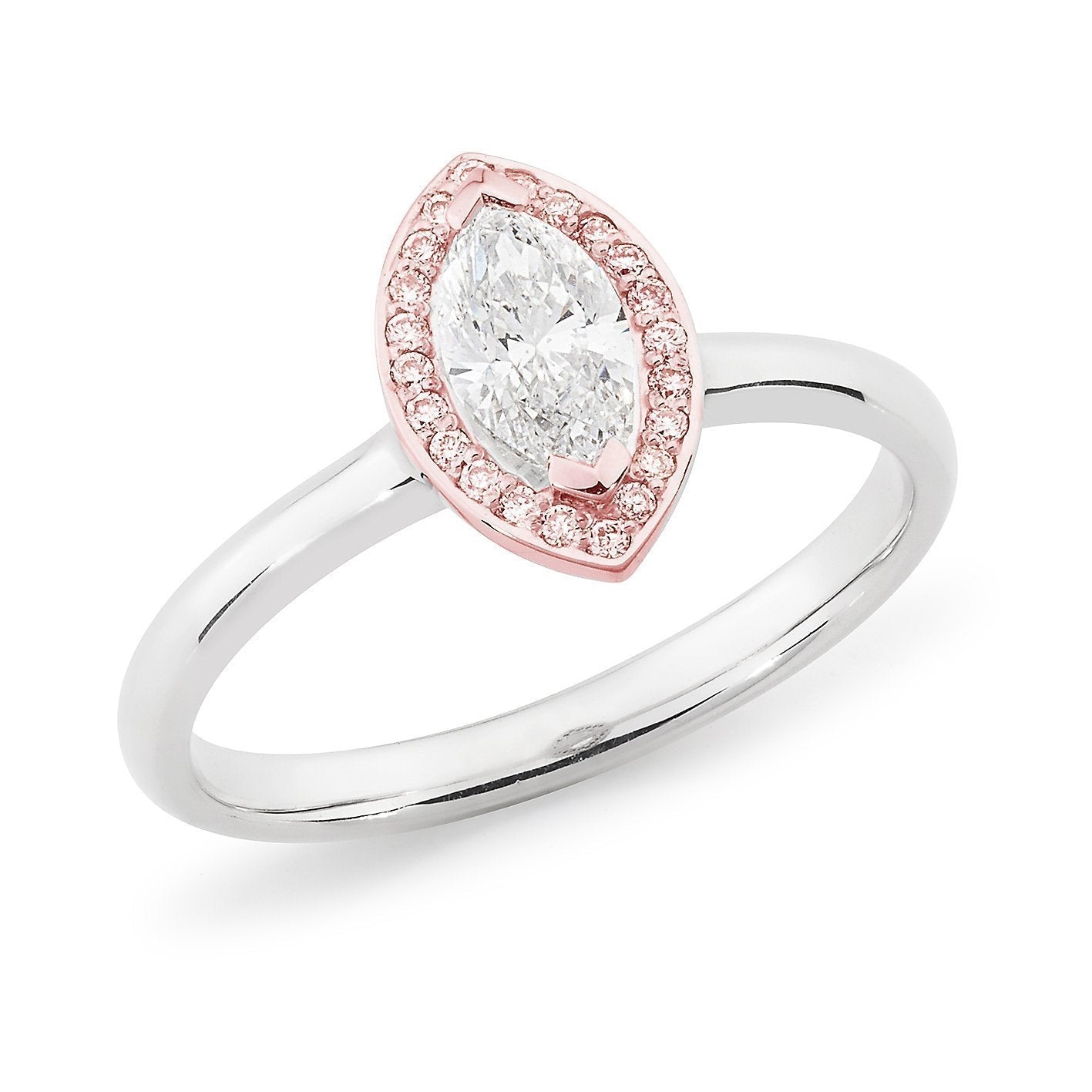 0.61ct White Marquise Cut & Pink Diamond Halo Engagement Ring in 18ct White Gold