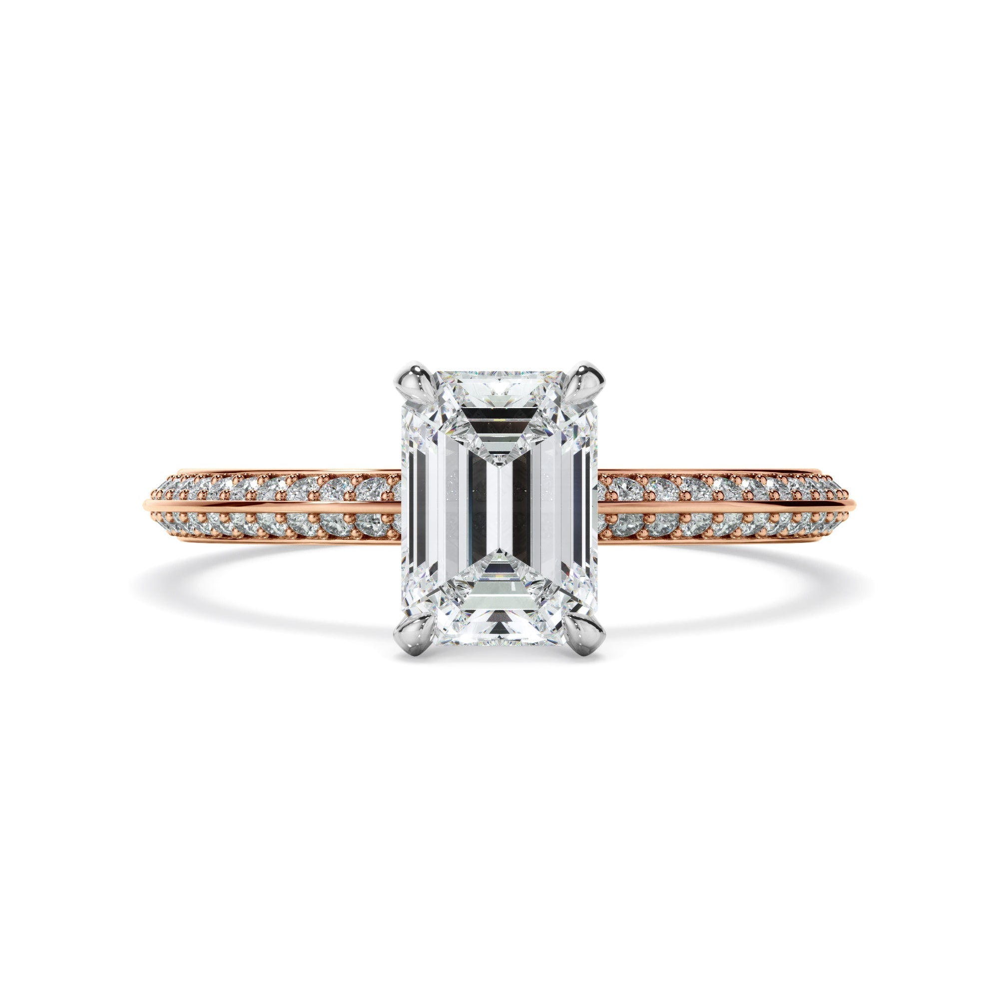 Emerald Cut Diamond Knife Edge Engagement Ring With Diamond Pave Sides