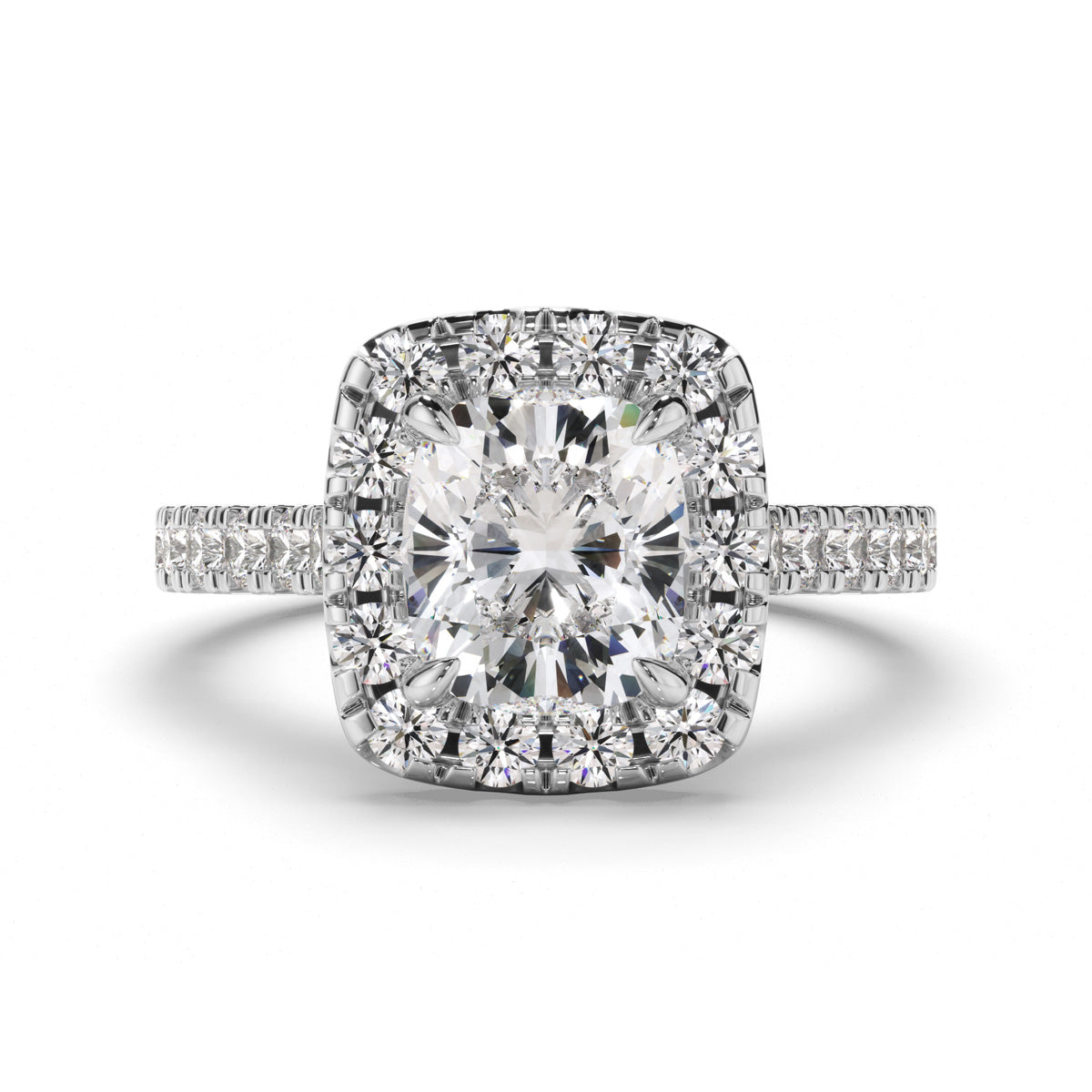 Cushion Cut Diamond Halo Engagement Ring with Diamond Sides