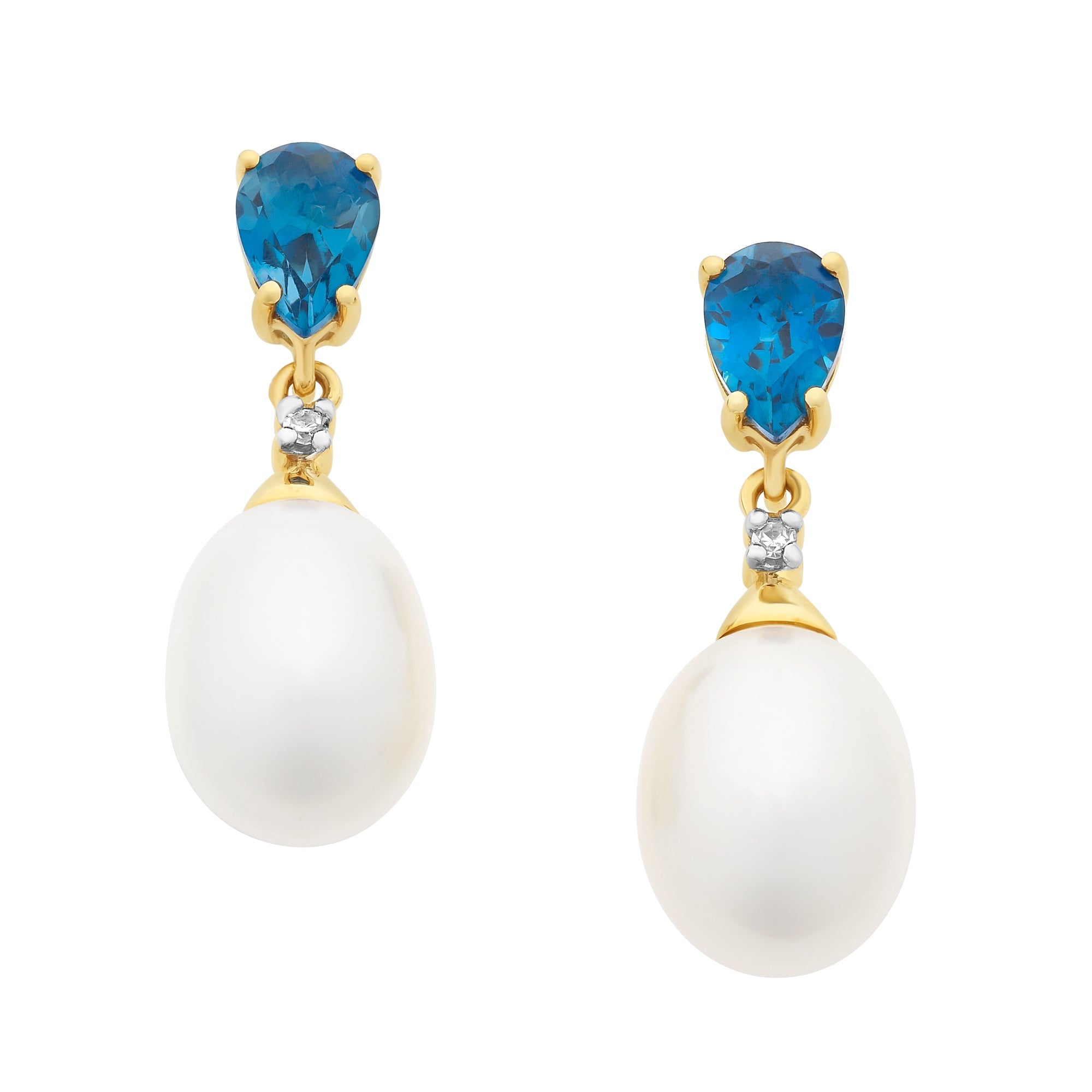 9ct Gold Freshwater Pearl, London Blue Topaz & Diamond Earrings