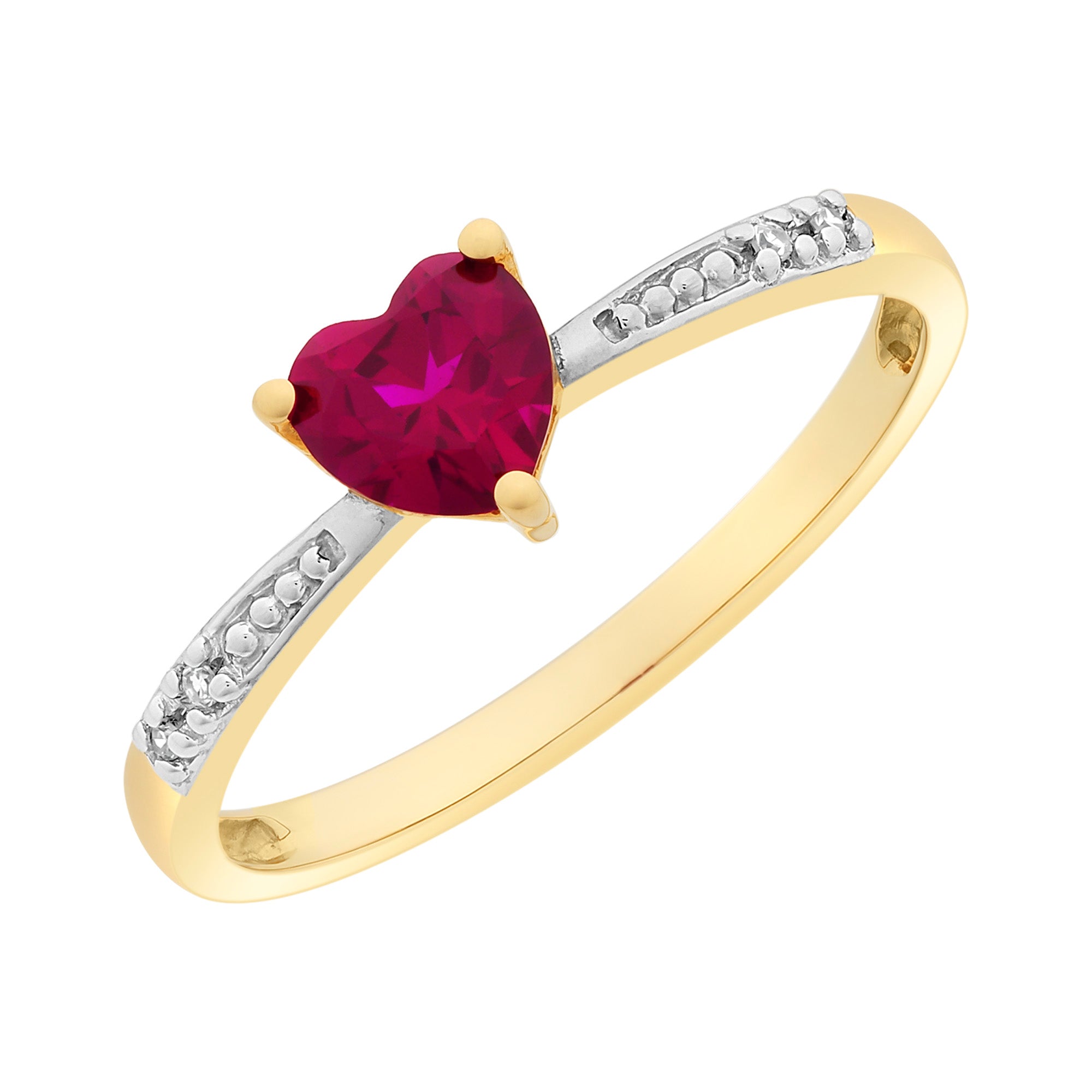 9ct Gold Heart Shaped Created Ruby & Diamond Ring