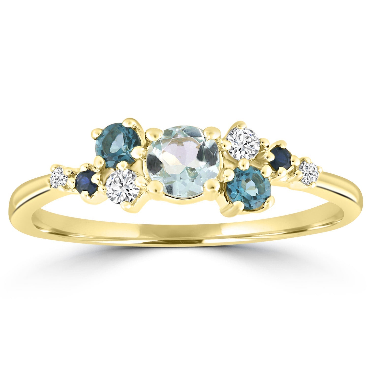 Diamond and Aquamarine Ring with 0.08ct Diamonds in 9ct Yellow Gold