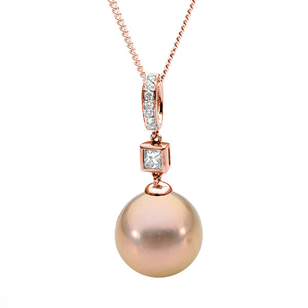 9ct Rose Gold Freshwater Pearl Natural Edison Diamond Pendant